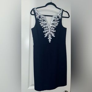 Lily Pulitzer Navy Cocktail Dress with coral pattern encrusted beads.